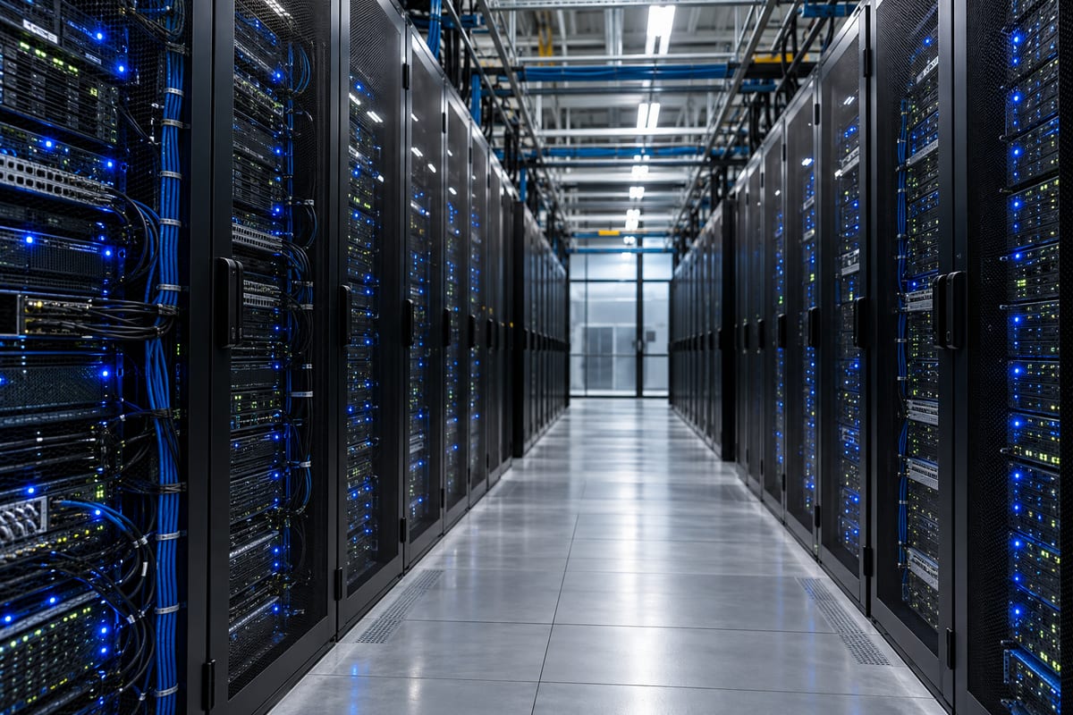 En lang gang mellem mørke computerracks med små blå statuslys.