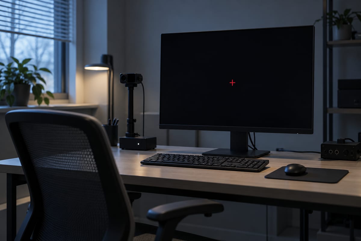 En skærm med et lille rødt kryds står ved tastatur og mus i et dæmpet laboratorierum.