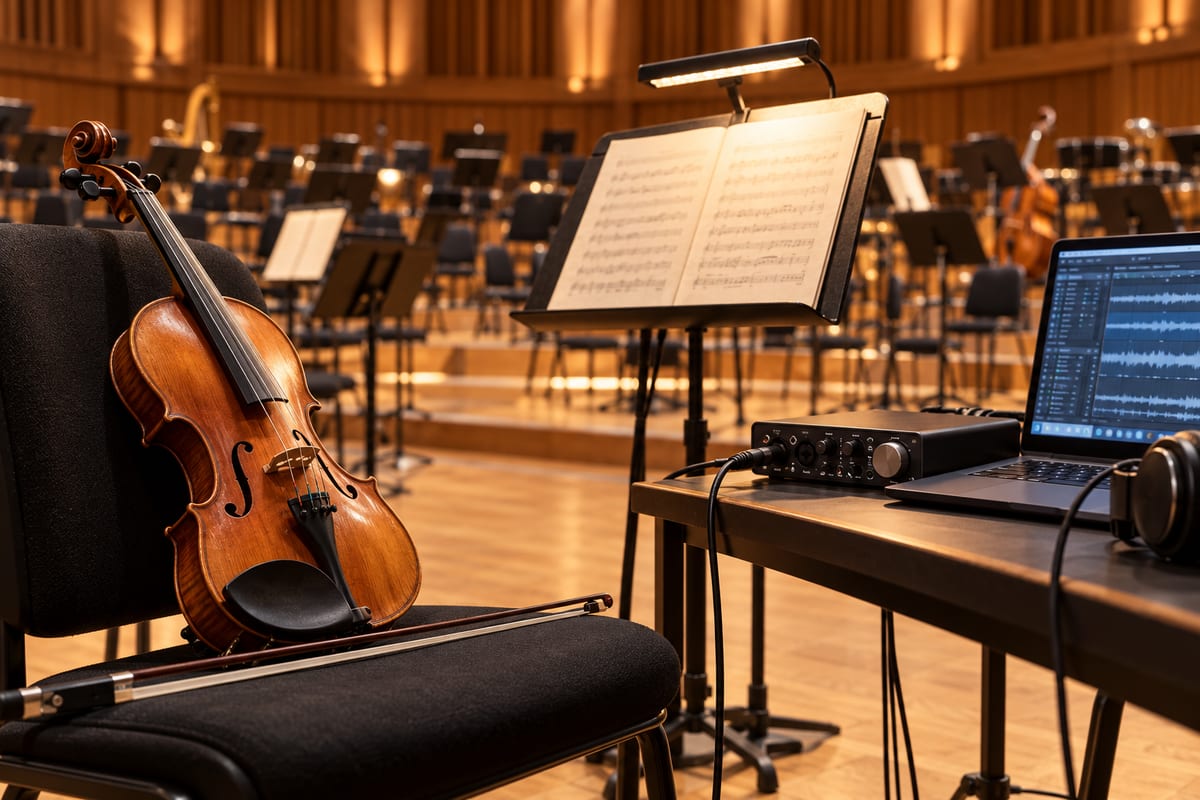 En violin ligger på en polstret stol ved noder og digitalt lydudstyr foran en tom orkesterscene.