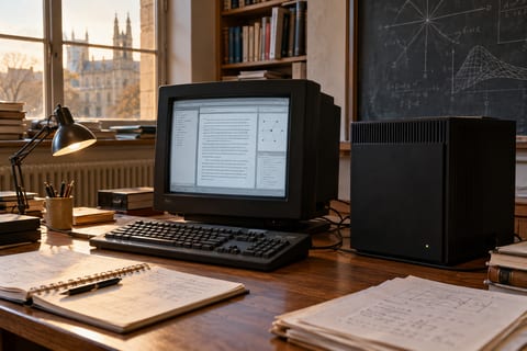 En sort computer med billedrørsskærm og tastatur på et skrivebord med forskningsnoter.