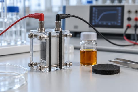 En lille laboratoriecelle med metalterminaler og røde og sorte måleledninger står ved et prøveglas.